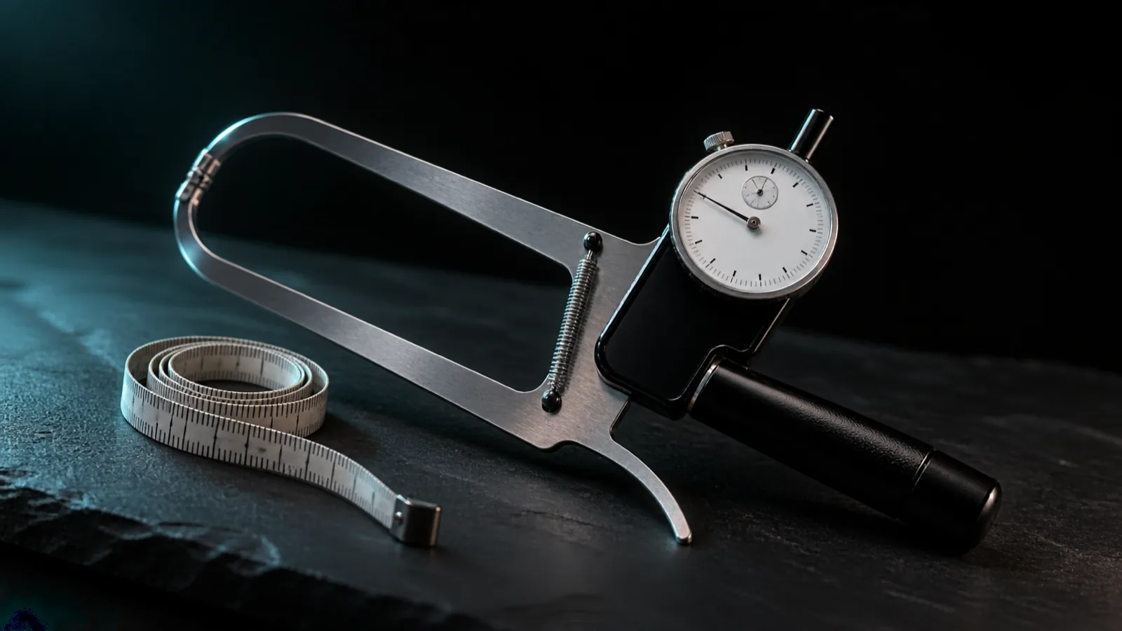 A Harpenden skinfold caliper, long curved chrome arms with a round analogue dial at the pivot and a black grip, lying beside a coiled tape measure on a dark slate surface.