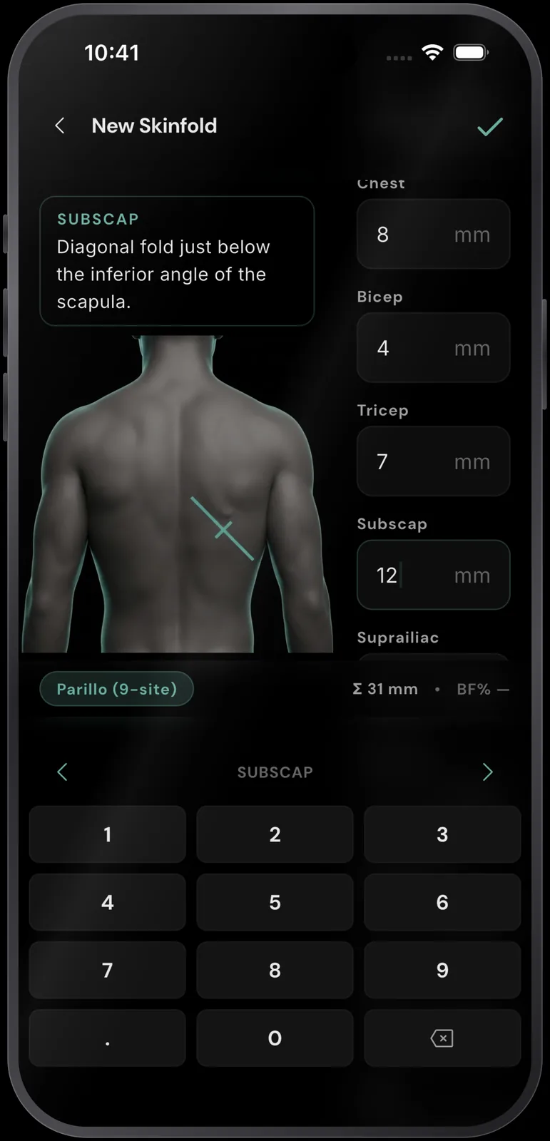RESISTX skinfold entry on the Parillo 9-site protocol with the subscapular site marked on a body figure and a running sum of 31 mm.