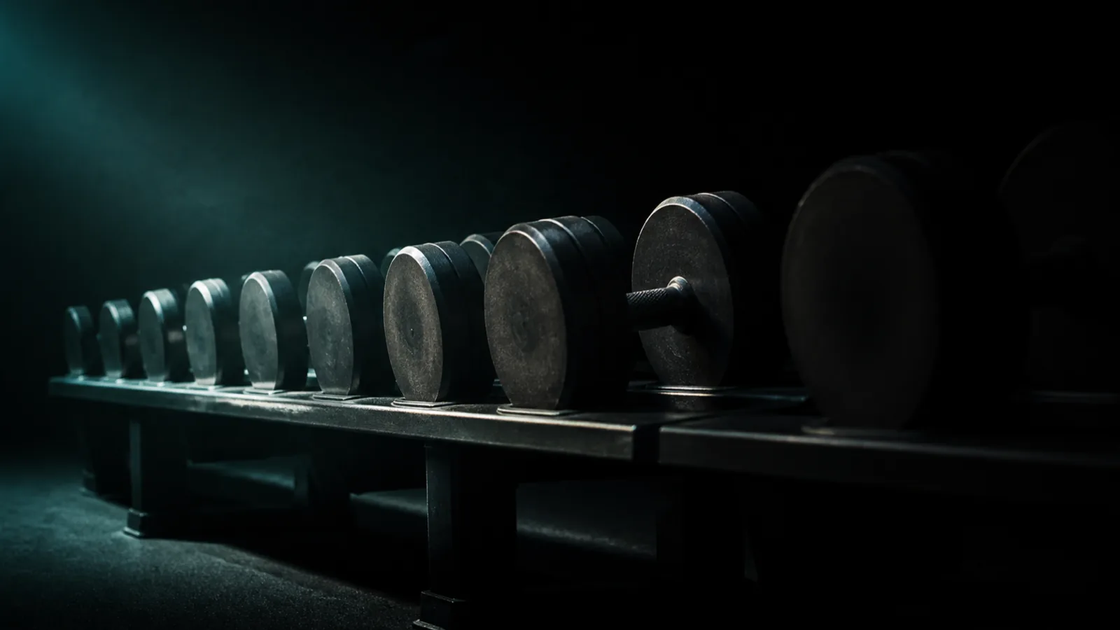 A rack of plain unmarked dumbbells in an empty gym, ascending in size from left to right, the heaviest pair dissolving into darkness at the far end.