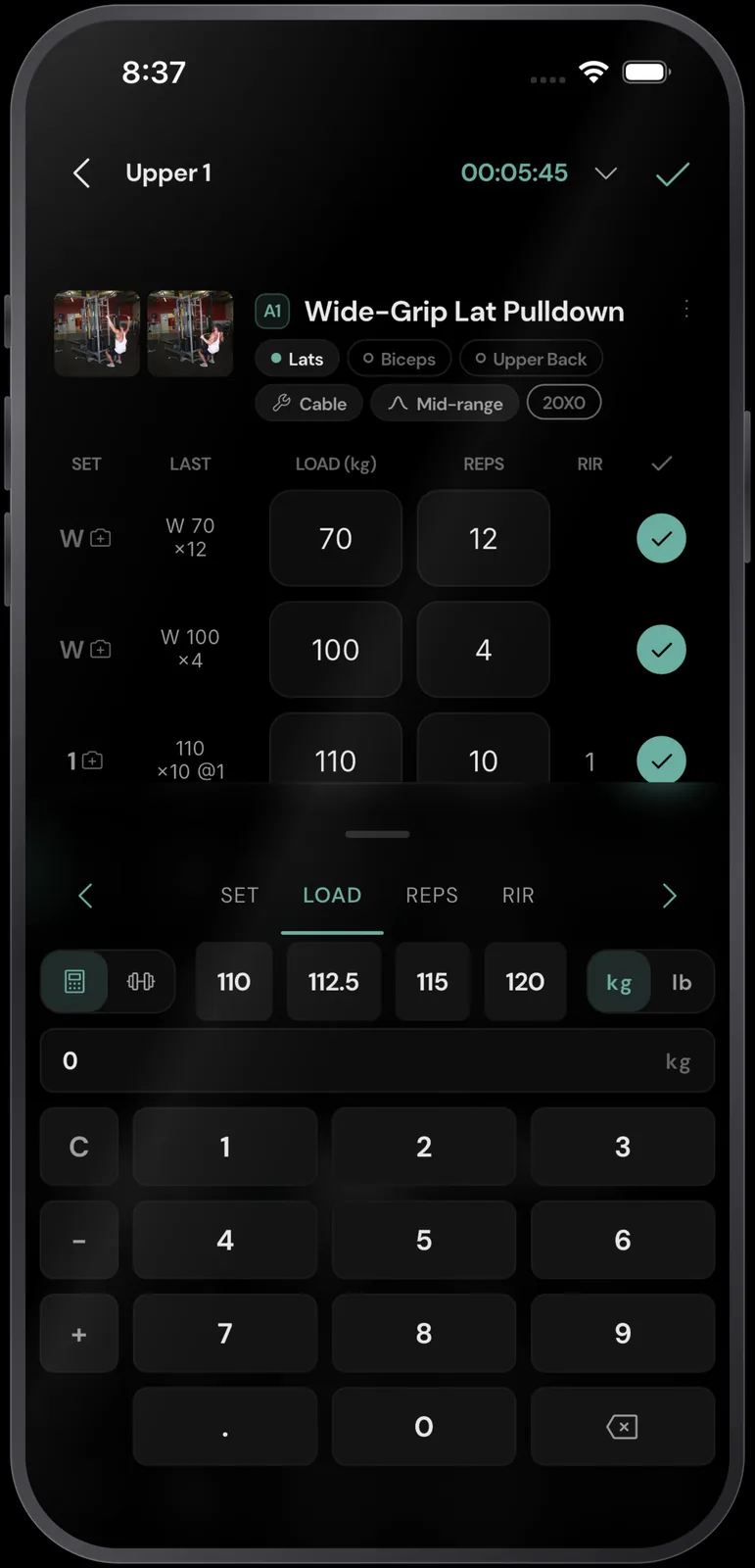 RESISTX active workout screen showing Wide-Grip Lat Pulldown with two warm-up sets and set 1 logged at 110 kg for 10 reps at 1 RIR, load keypad open.