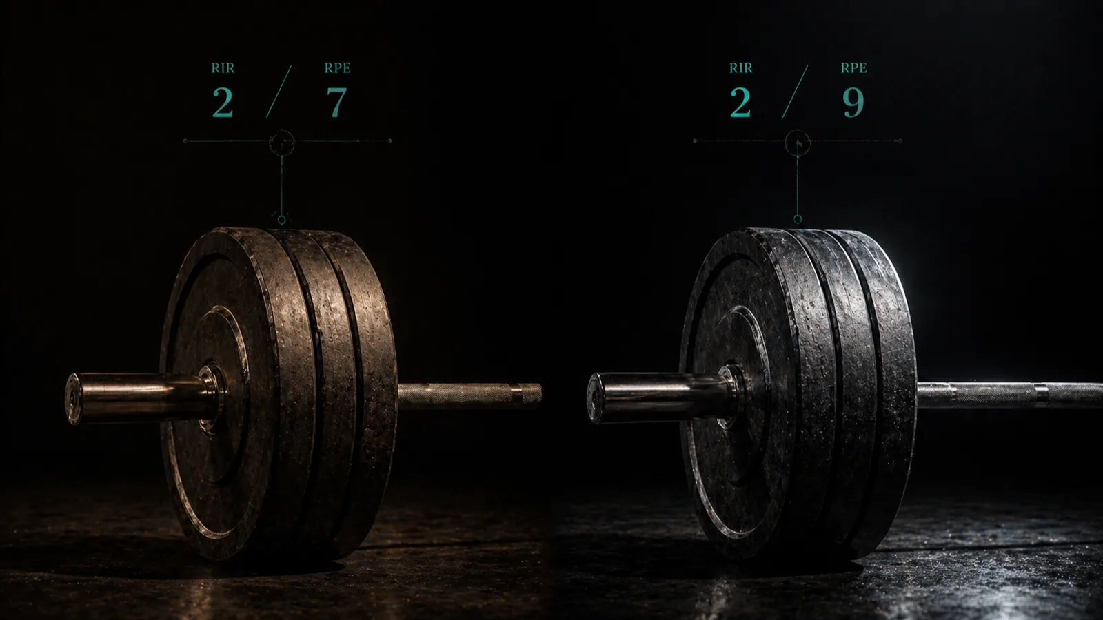 Two identical sets of plates loaded on barbells — same RIR, but different RPE based on how the day actually felt