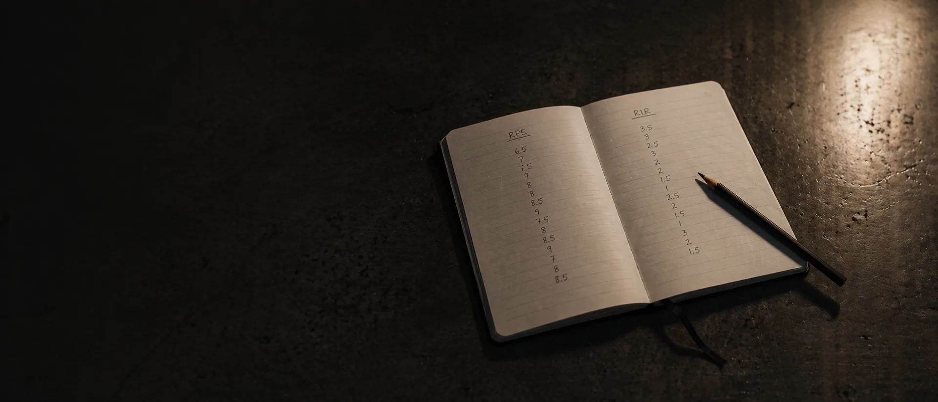 Open notebook with two columns of handwritten effort numbers — RPE and RIR logged side by side
