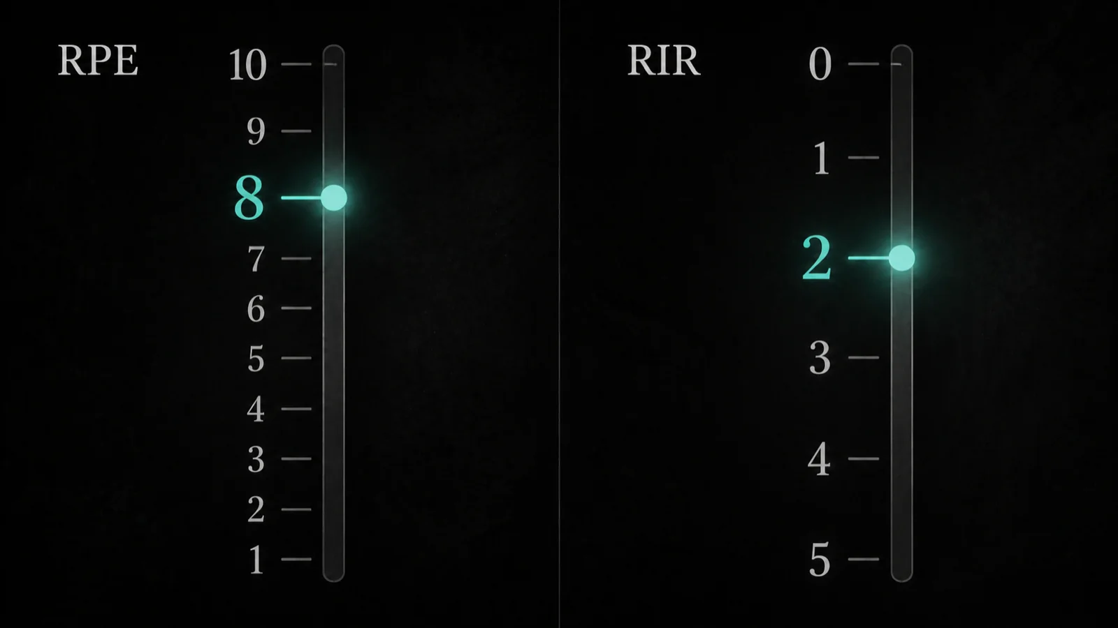 Side-by-side gauges — RPE on a 1-10 scale, RIR on a 0-5 scale, both pointing at the same set