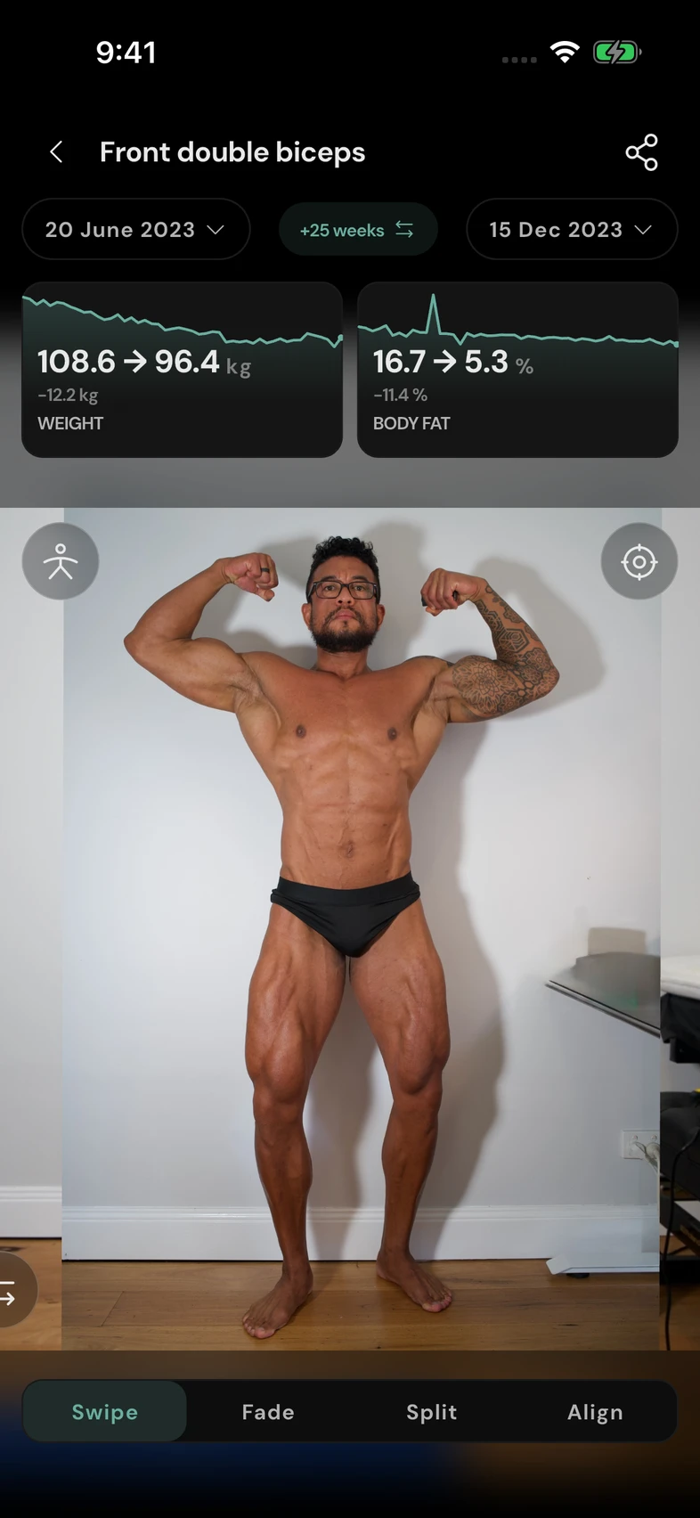 RESISTX aligned progress-photo comparison, June to December 2023