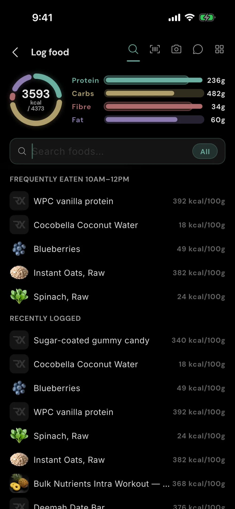 Log food screen with five capture modes and frequently-eaten suggestions