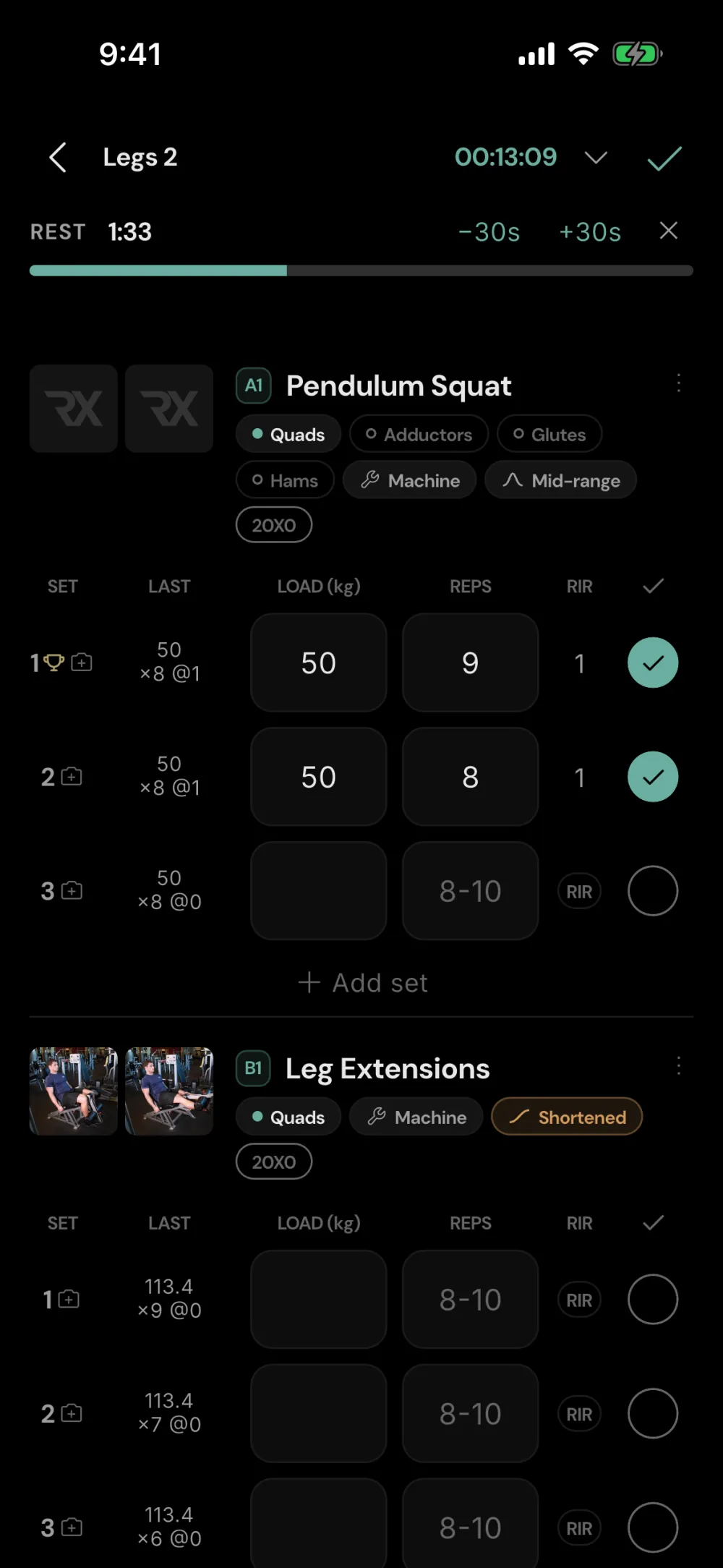 Active workout with rest timer and logged sets