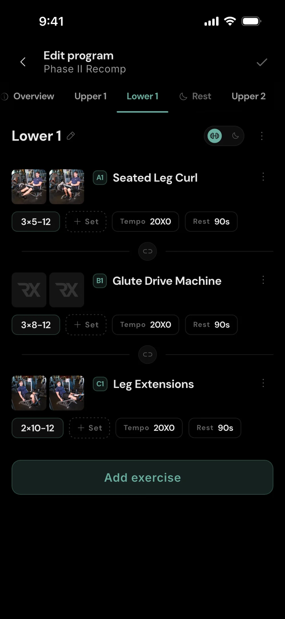 Program editor: a Phase II Recomp block with day tabs, exercises with sets and rep ranges, tempo, rest and superset links