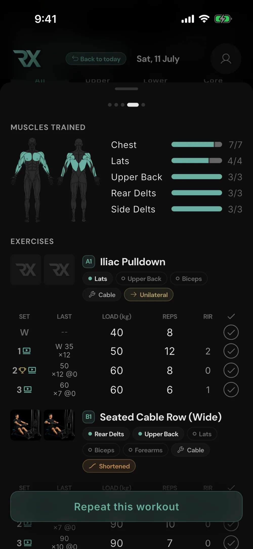 Completed workout with per-muscle set counts and exercise detail