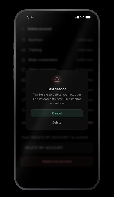 A Last chance dialog over the Delete account page, reading Tap Delete to delete your account and its contents now. This cannot be undone, with Cancel and Delete buttons.