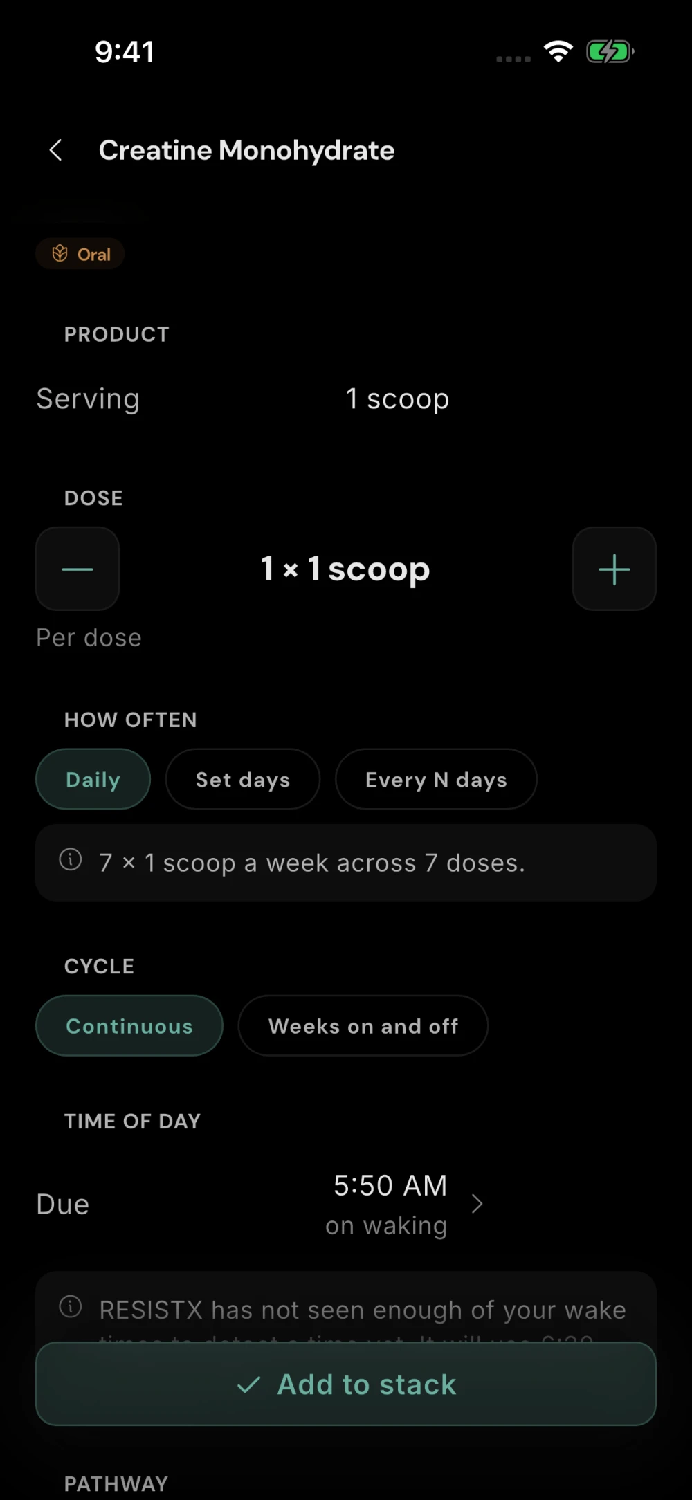 Creatine product setup with serving size, daily schedule, cycle options and Add to stack control