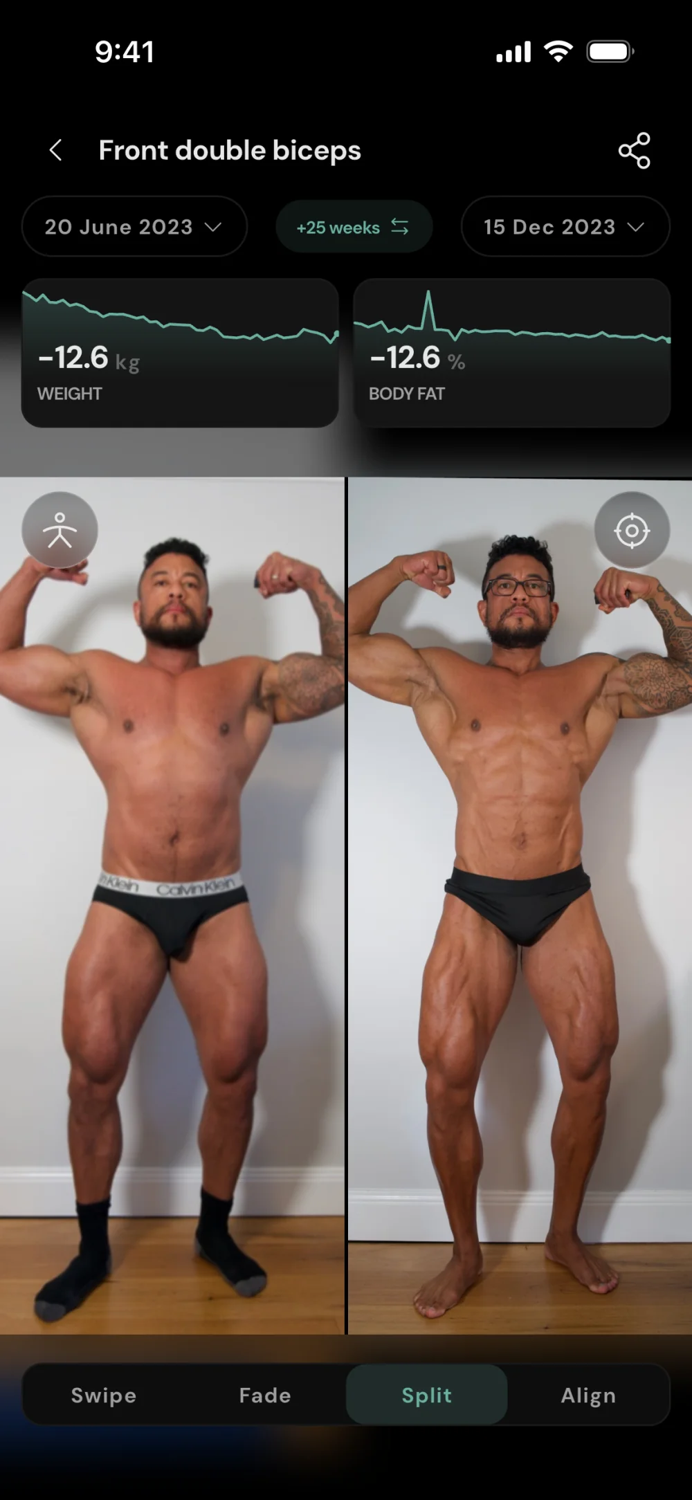 Progress photo compare: the same front double biceps pose in June and December 2023, the two photos scaled to match and placed side by side, with weight and body-fat trend sparklines above showing minus 12.6 kg and minus 12.6 percent