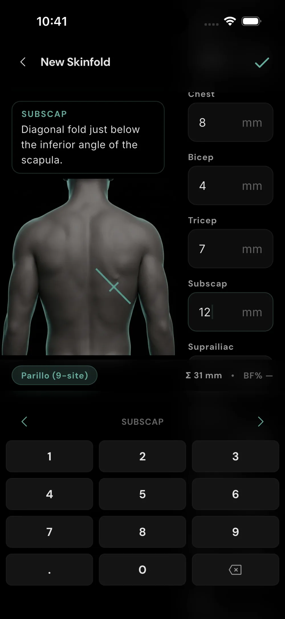 Skinfold entry with 3D body figure showing the measurement site