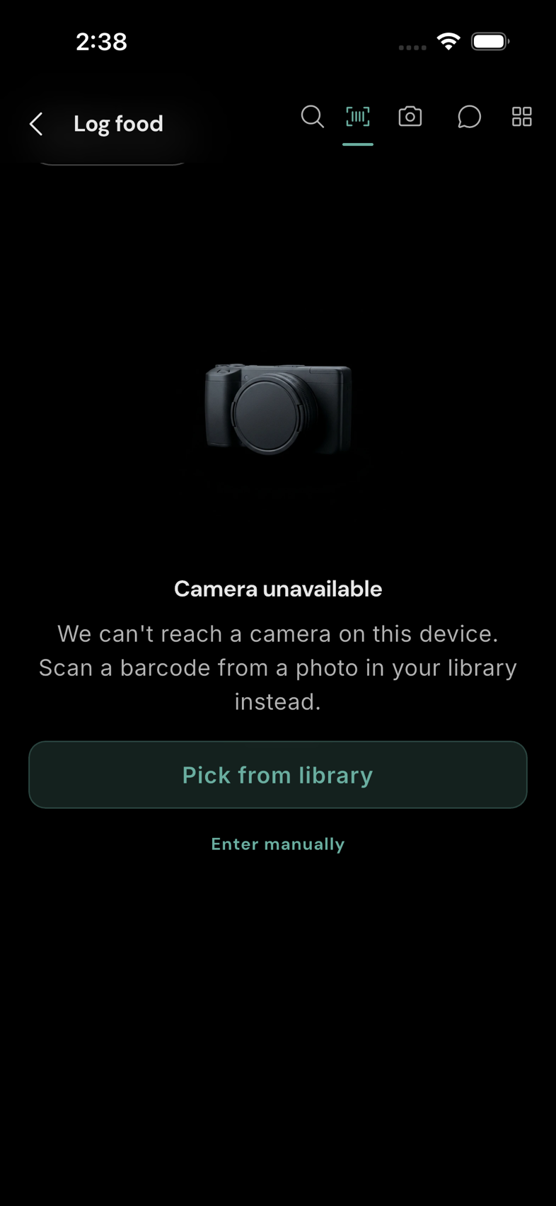Barcode options. Use a barcode photo when the camera is unavailable.